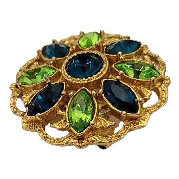 1928 Brand Green, Blue Resin Rhinestone Gold Tone Round Filigree Brooch L24 - Picture 3 of 9